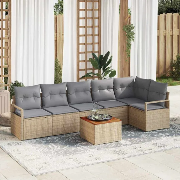 Ensemble de canapé de jardin avec coussin 7 pcs Beige polyrotin