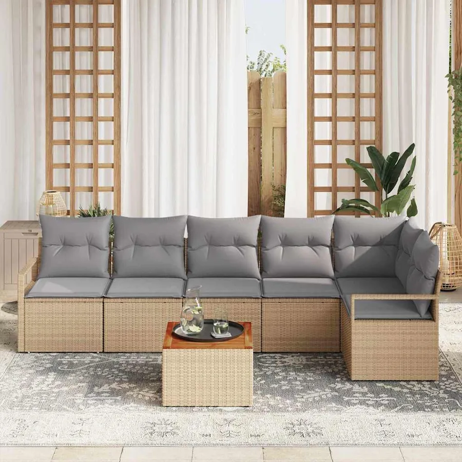 Ensemble de canapé de jardin avec coussin 7 pcs Beige polyrotin - 3