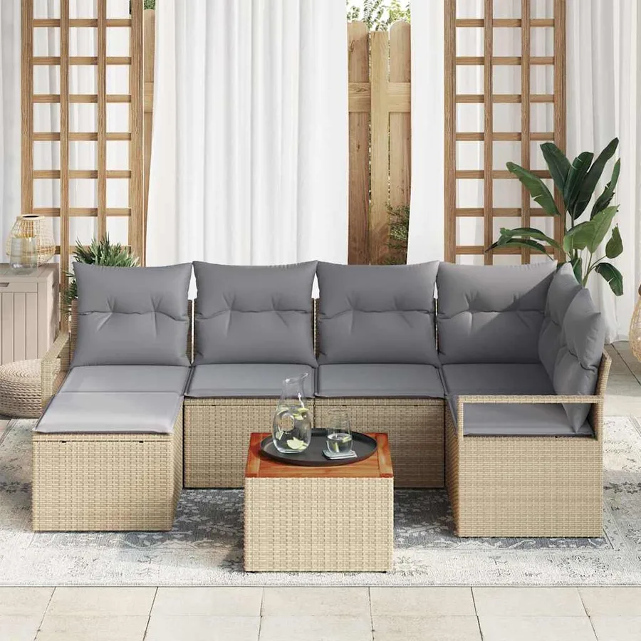 Ensemble de canapé de jardin avec coussin 7 pcs Beige polyrotin - 3