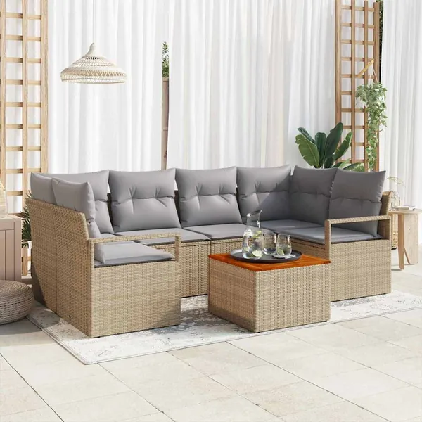 Ensemble de canapé de jardin avec coussin 7 pcs Beige polyrotin