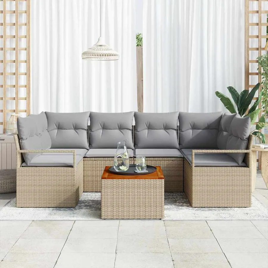 Ensemble de canapé de jardin avec coussin 7 pcs Beige polyrotin - 3