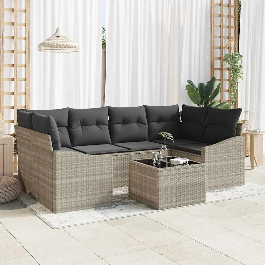 Ensemble de Canapés avec coussin 7 pcs Gris clair polyrotin