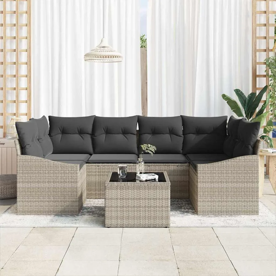 Ensemble de Canapés avec coussin 7 pcs Gris clair polyrotin - 3