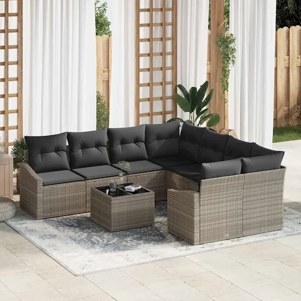 Ensemble de Canapés avec coussin 9 pcs Gris clair polyrotin