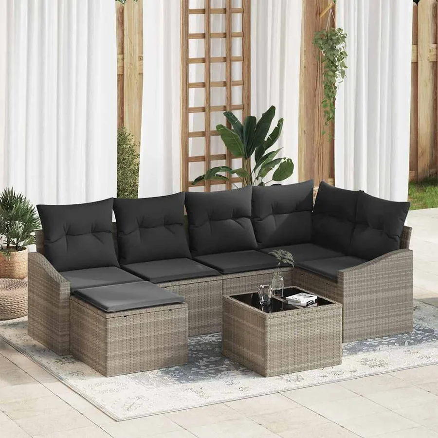 Ensemble de Canapés avec coussin 7 pcs Gris clair polyrotin