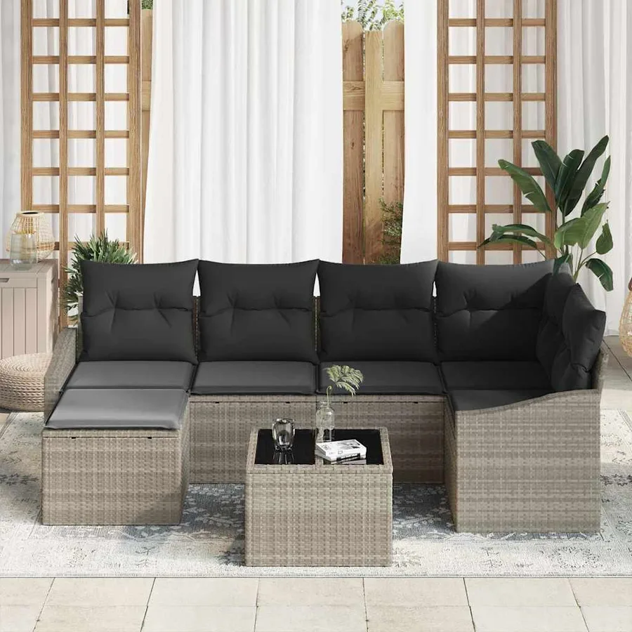 Ensemble de Canapés avec coussin 7 pcs Gris clair polyrotin - 3