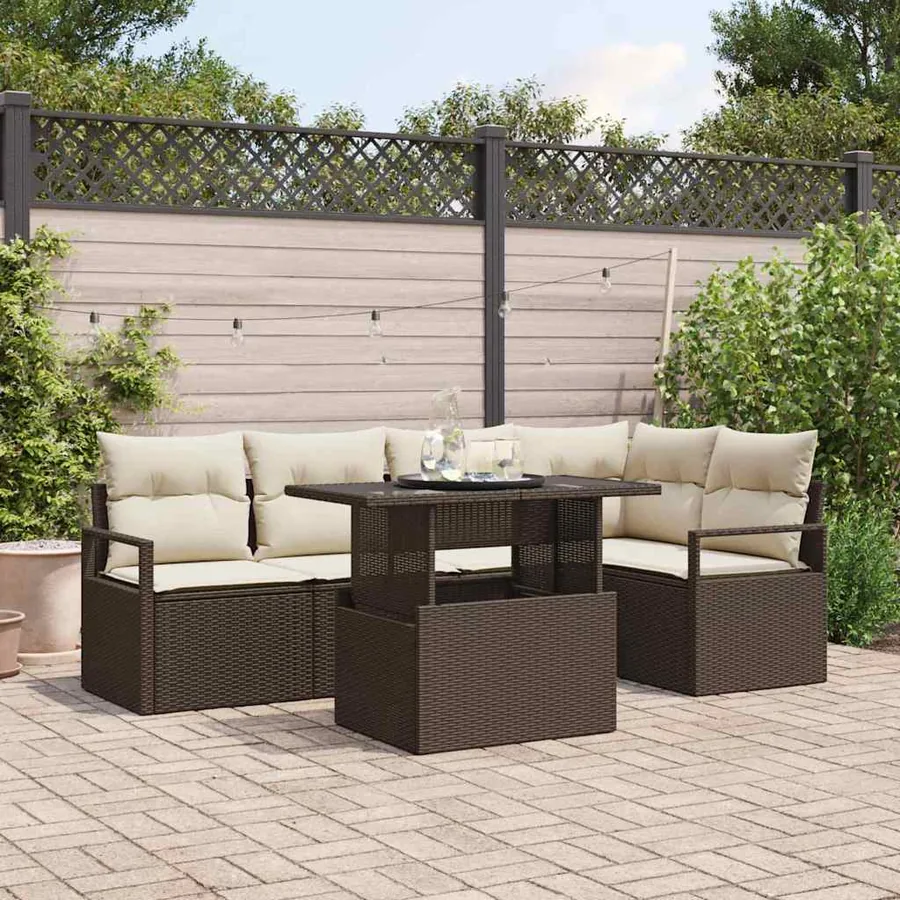Ensemble de canapé de jardin 6 pcs Marron et crème polyrotin