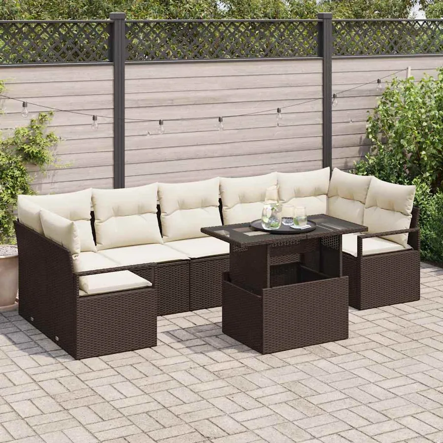 Ensemble de canapé de jardin 8 pcs Marron et crème polyrotin