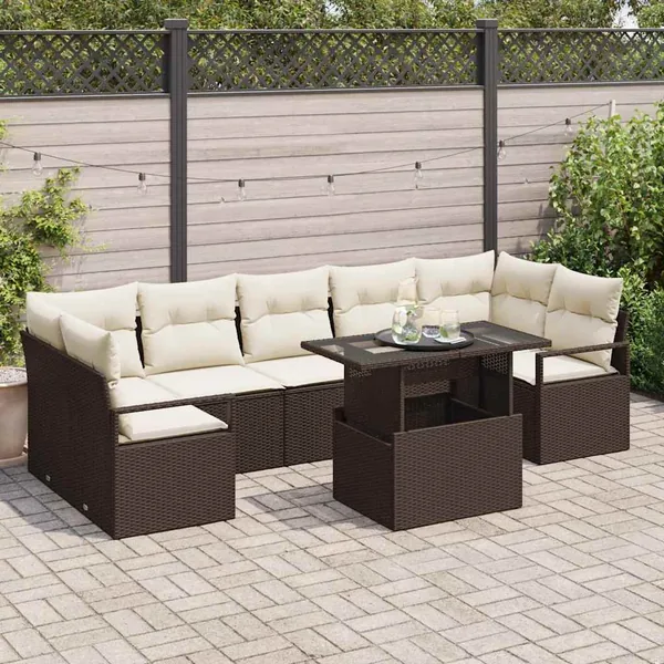 Ensemble de canapé de jardin 8 pcs Marron et crème polyrotin