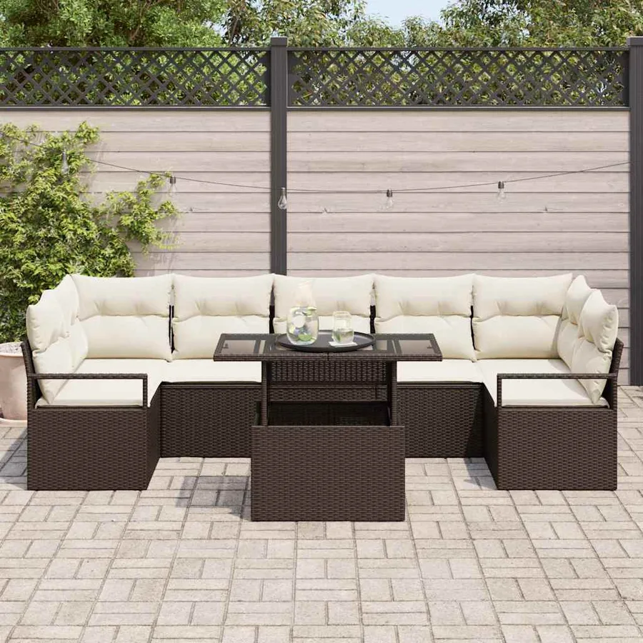 Ensemble de canapé de jardin 8 pcs Marron et crème polyrotin - 3