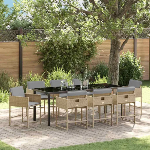 Ensemble de salle à manger pour jardin 9 pcs Beige polyrotin
