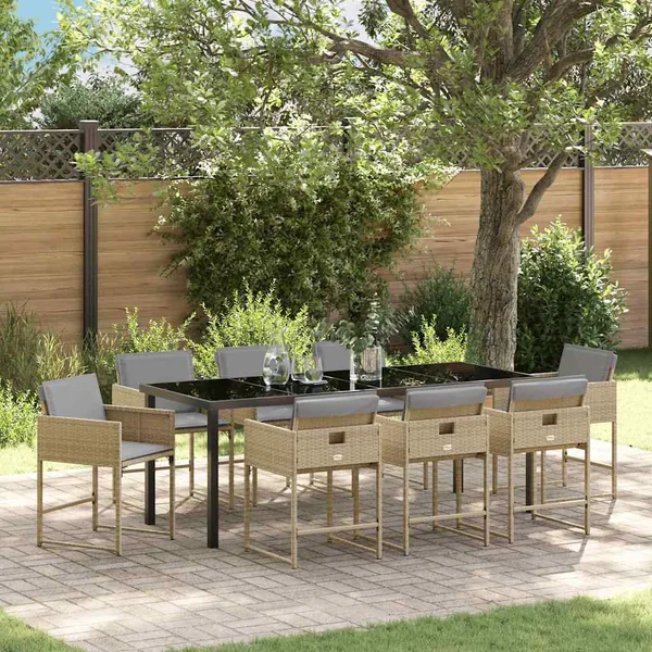 Ensemble de salle à manger pour jardin 9 pcs Beige polyrotin
