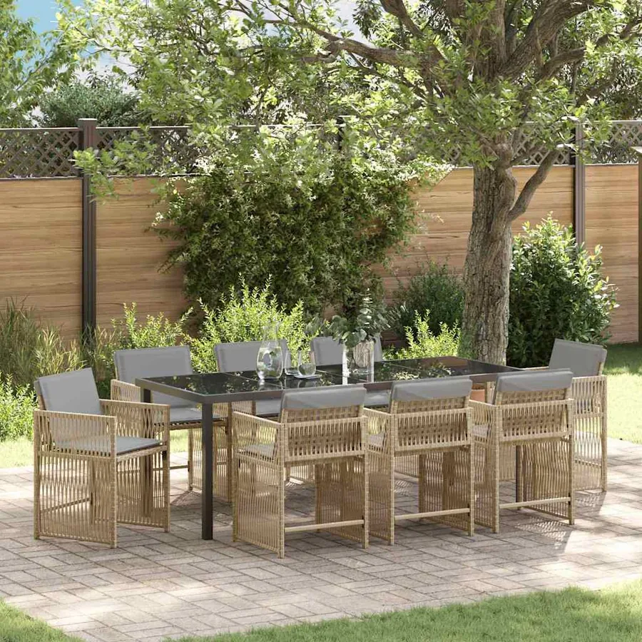 Ensemble de salle à manger pour jardin 9 pcs Beige polyrotin