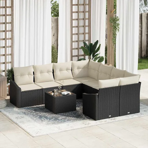 Ensemble de Canapés avec coussin 9 pcs Noir et Crème polyrotin