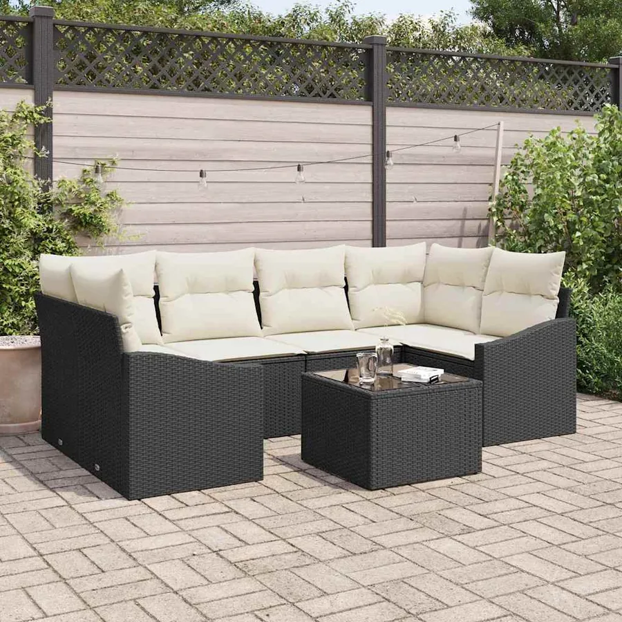 Ensemble de Canapés avec coussin 7 pcs Noir et Crème polyrotin