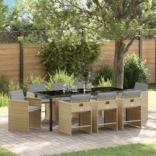 Ensemble de salle à manger pour jardin 9 pcs Beige polyrotin