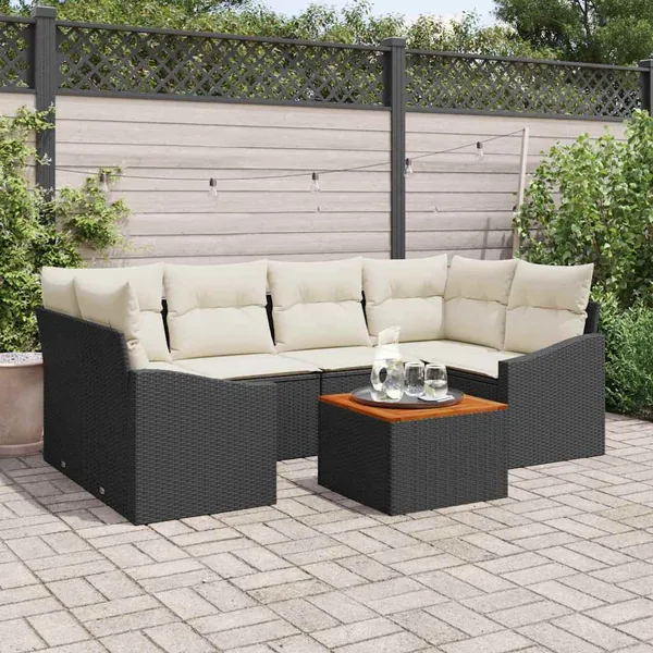 Ensemble de canapé de jardin avec coussin 7 pcs Noir polyrotin