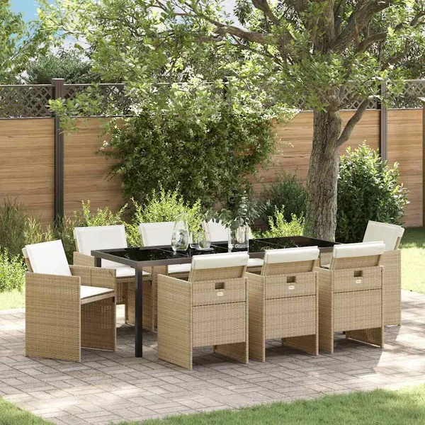 Ensemble de salle à manger pour jardin 9 pcs Beige polyrotin