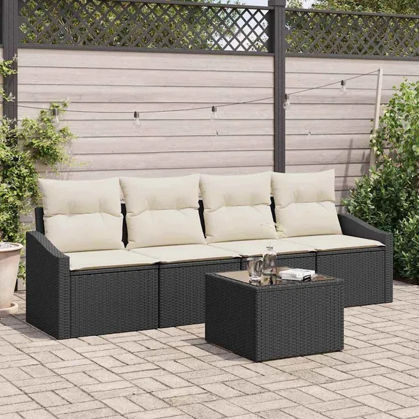 Ensemble de Canapés avec coussin 5 pcs Noir et Crème polyrotin