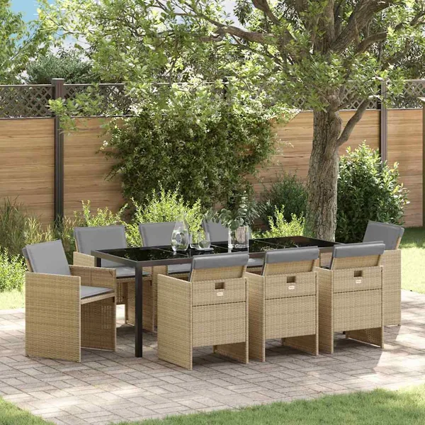 Ensemble de salle à manger pour jardin 9 pcs Beige polyrotin