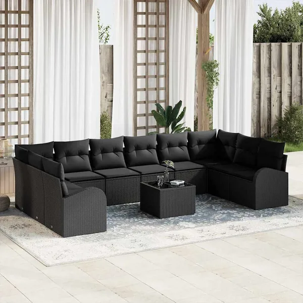 Ensemble de canapé de jardin avec coussin 11 pcs Noir polyrotin