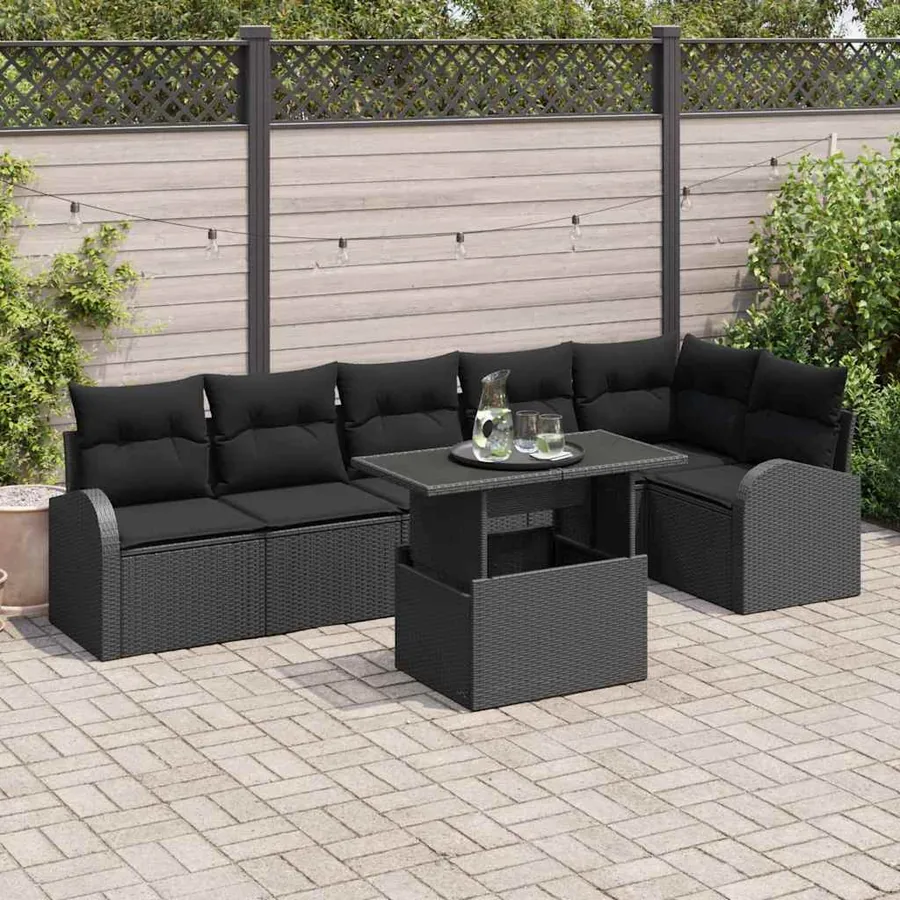 Ensemble de canapé de jardin avec coussin 7 pcs Noir Poly rotin