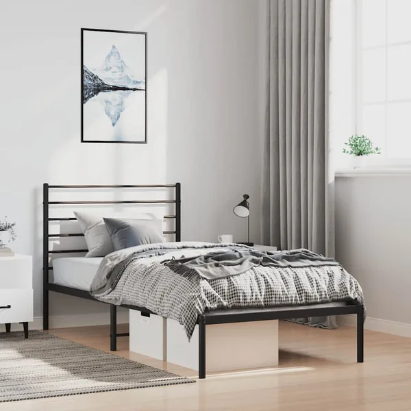 Cadre de lit métal sans matelas avec tête de lit noir 100x190cm