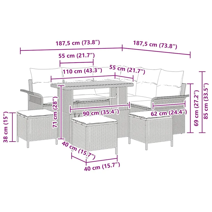Ensemble de canapé de jardin avec coussin 9 pcs Gris - 18