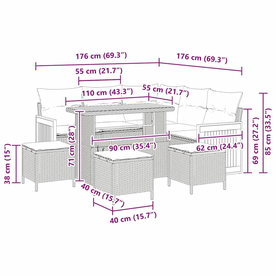 Ensemble de canapé de jardin avec coussin 9 pcs Gris polyrotin - 14