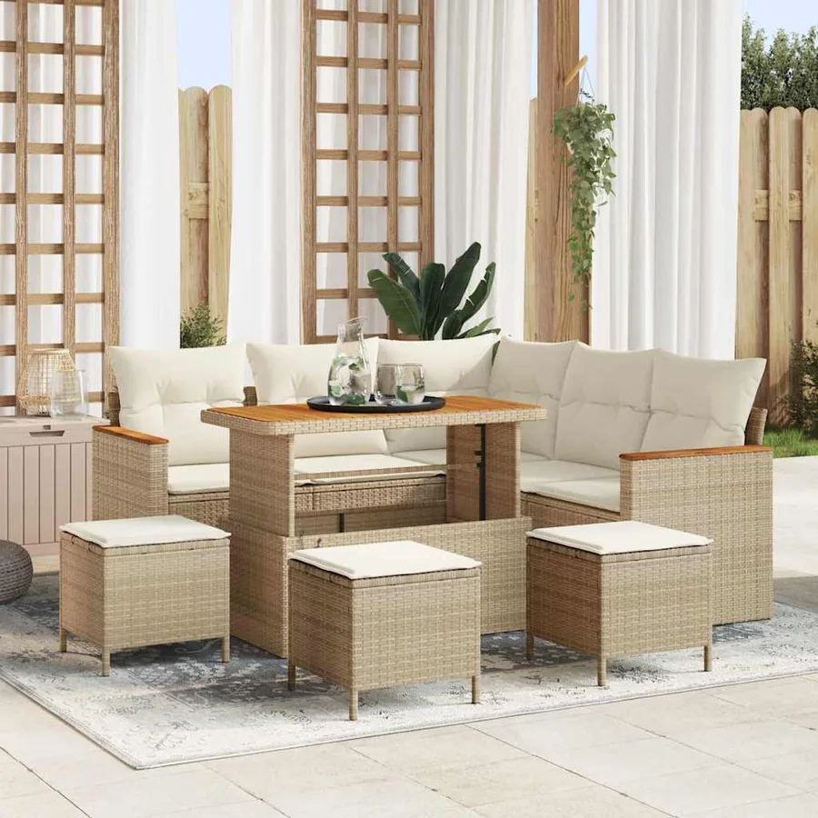 Ensemble de canapé de jardin avec coussin Beige Poly rotin