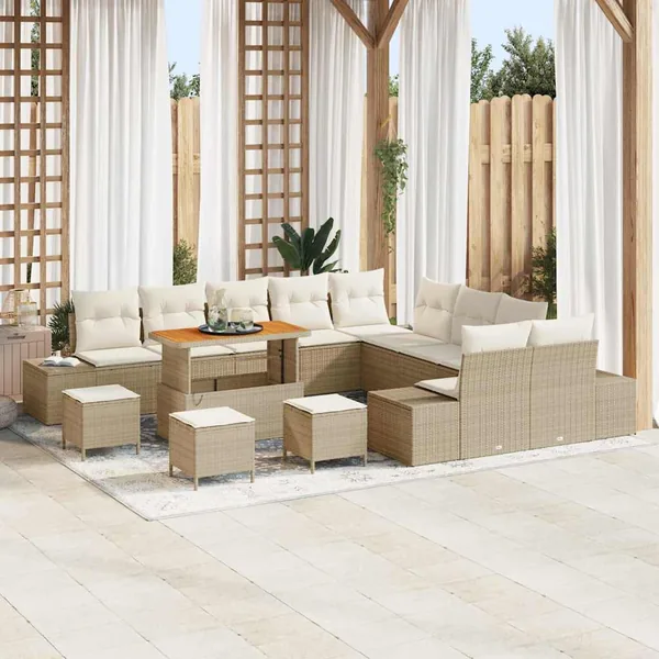 Ensemble de canapé de jardin 14 pcs Beige polyrotin