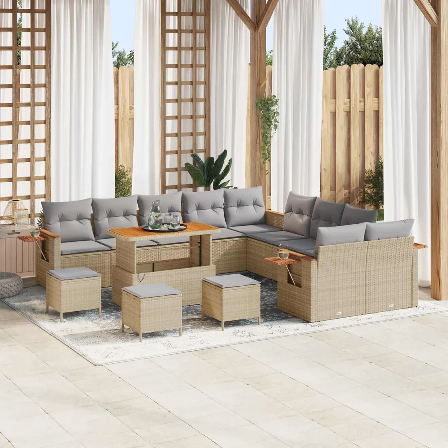 Ensemble de canapé de jardin 14 pcs Beige polyrotin