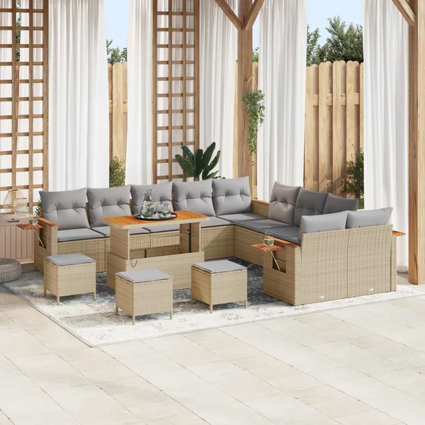 Ensemble de canapé de jardin 14 pcs Beige polyrotin