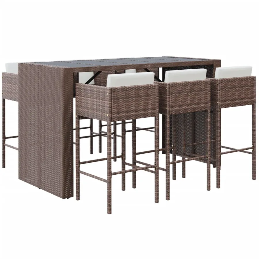 Ensemble de bar de jardin avec coussins 7 pcs marron poly rotin - 2