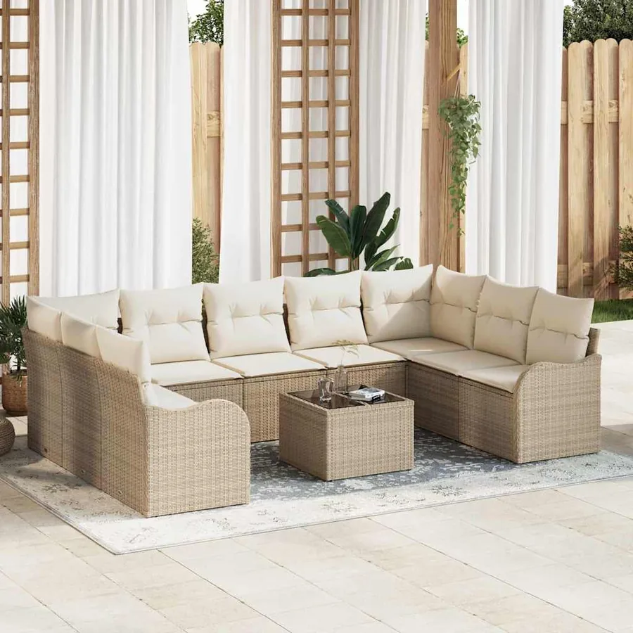 Ensemble de canapé de jardin 10 pcs Beige et blanc Poly rotin