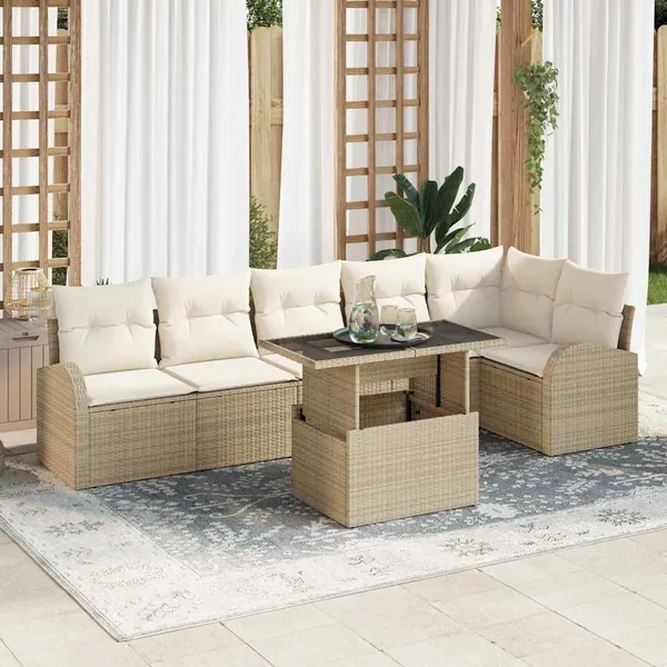 Ensemble de canapé de jardin 7 pcs Beige Poly rotin