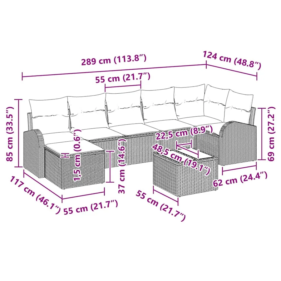 Ensemble de Canapés avec coussin 8 pcs Marron polyrotin - 15