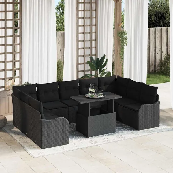 Ensemble de canapé de jardin 10 pcs Noir Poly Rattan