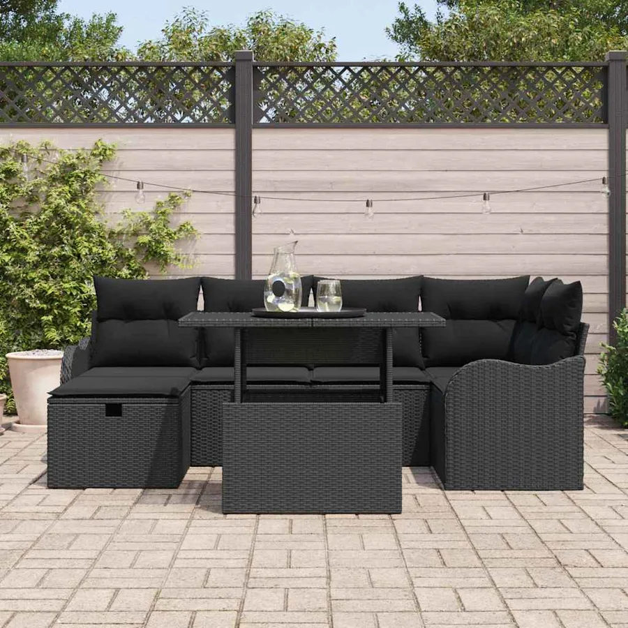 Ensemble de canapé de jardin avec coussin 7 pcs Noir Poly rotin - 3