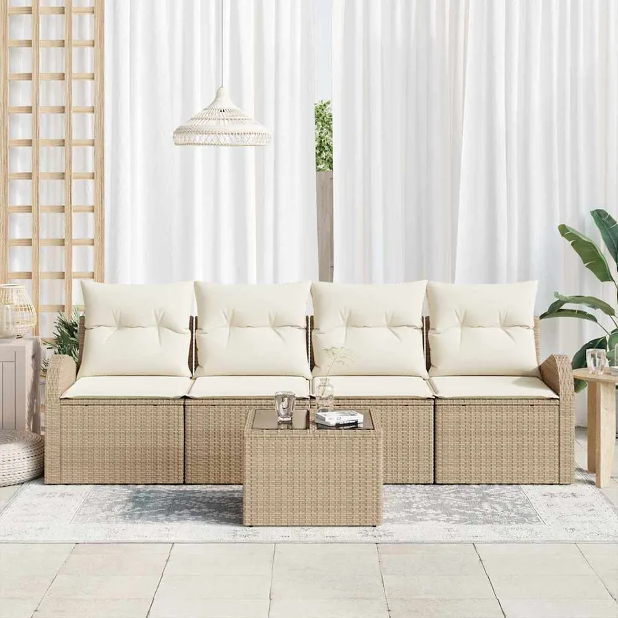 Ensemble de canapé de jardin 5 pcs Beige et crème polyrotin - 3