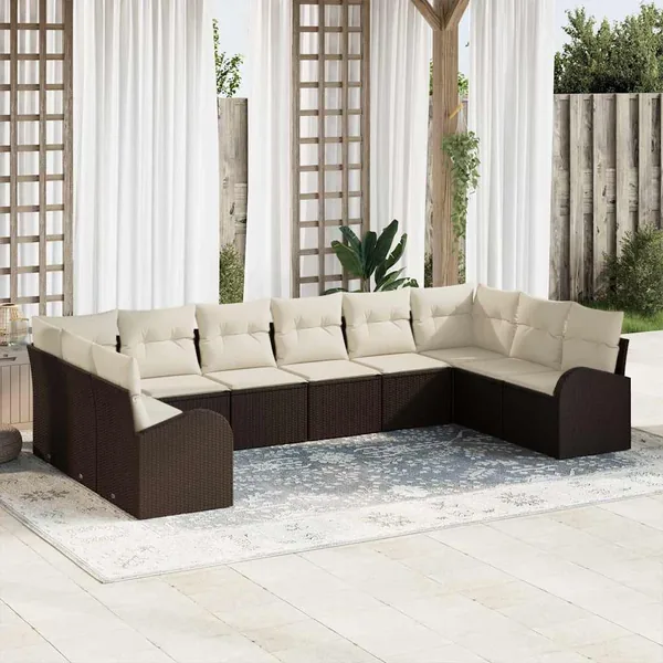 Ensemble de canapé de jardin 10 pcs Marron et blanc polyrotin