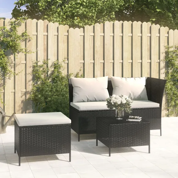 Salon de jardin 3 pcs avec coussins Noir Résine tressée