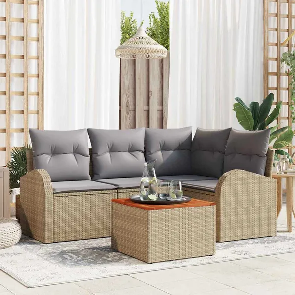 Ensemble de canapé de jardin avec coussin 5 pcs Beige polyrotin