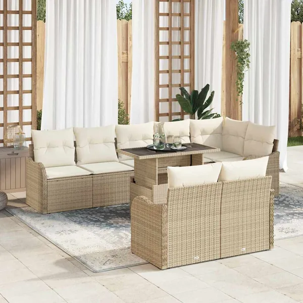 Ensemble salon avec coussin 9 pcs Beige Poly rotin