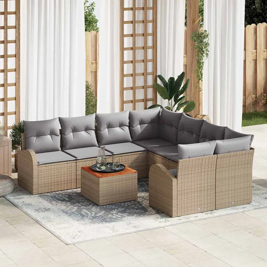 Ensemble de canapé de jardin avec coussin 9 pcs Beige polyrotin
