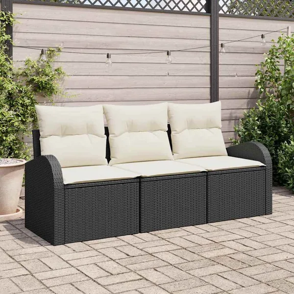 Ensemble de canapé de jardin avec coussin 3 pcs Noir Poly rotin