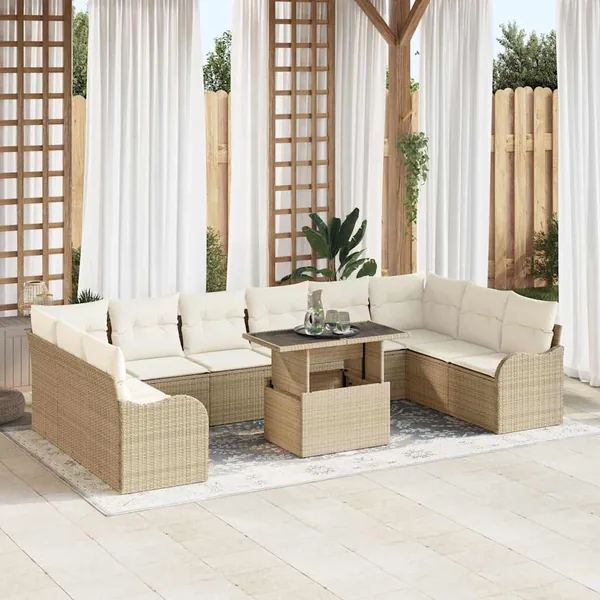 Ensemble de canapé de jardin 11 pcs Beige Poly rotin