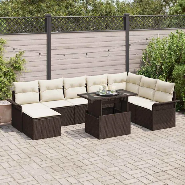 Ensemble de canapé de jardin 9 pcs Marron polyrotin