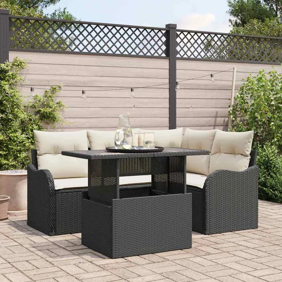 Ensemble de repas extérieur avec coussin 5 pcs Noir Poly rotin