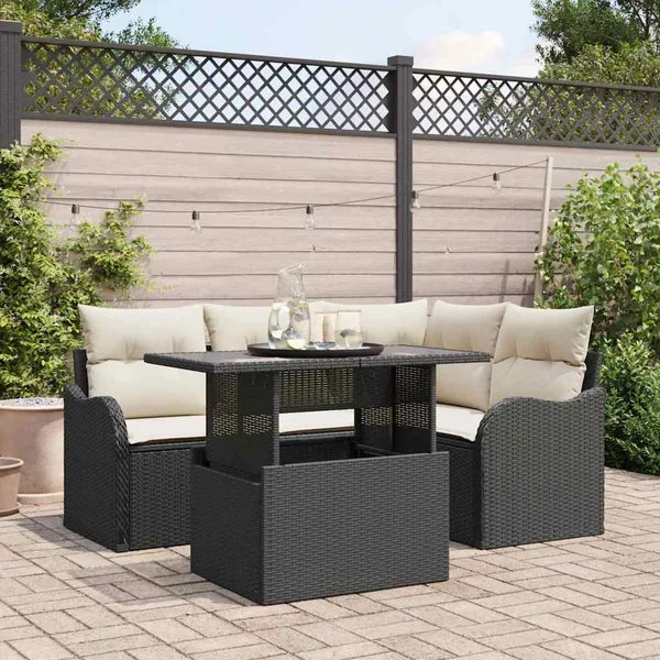 Ensemble de repas extérieur avec coussin 5 pcs Noir Poly rotin